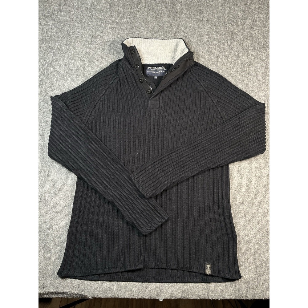 NAUTICA JEANS CO XL HIGH NECK HEAVY Cableknit NAVY SWEATER, Yachting Boating New